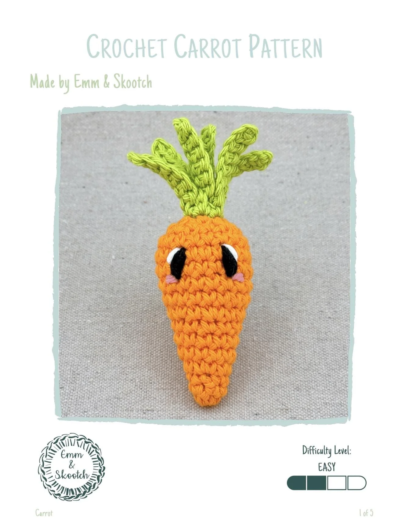 Easy level carrot crochet pattern PDF by Emm and Skootch