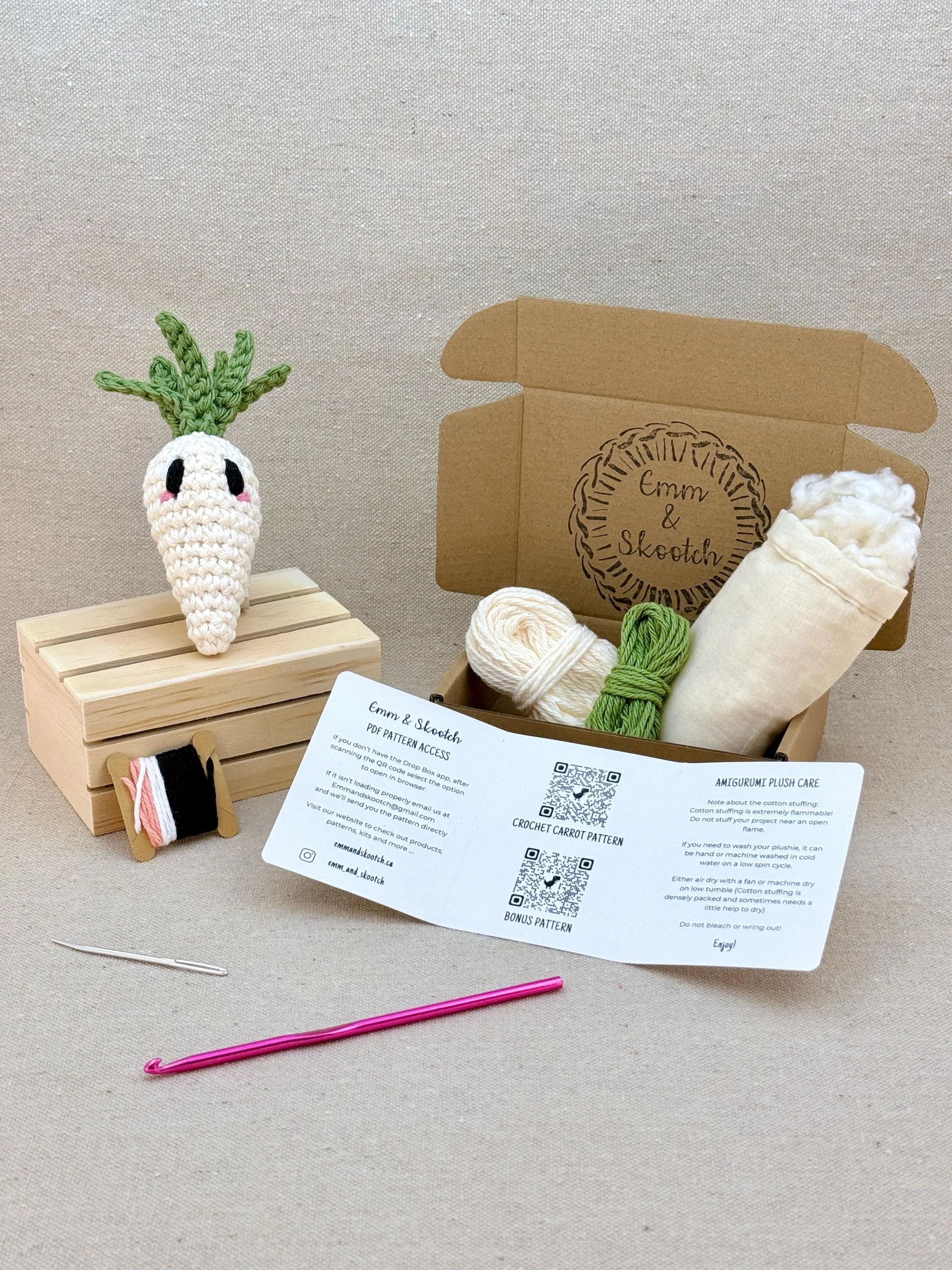 A finished cream amigurumi carrot with the DIY Crochet Kit