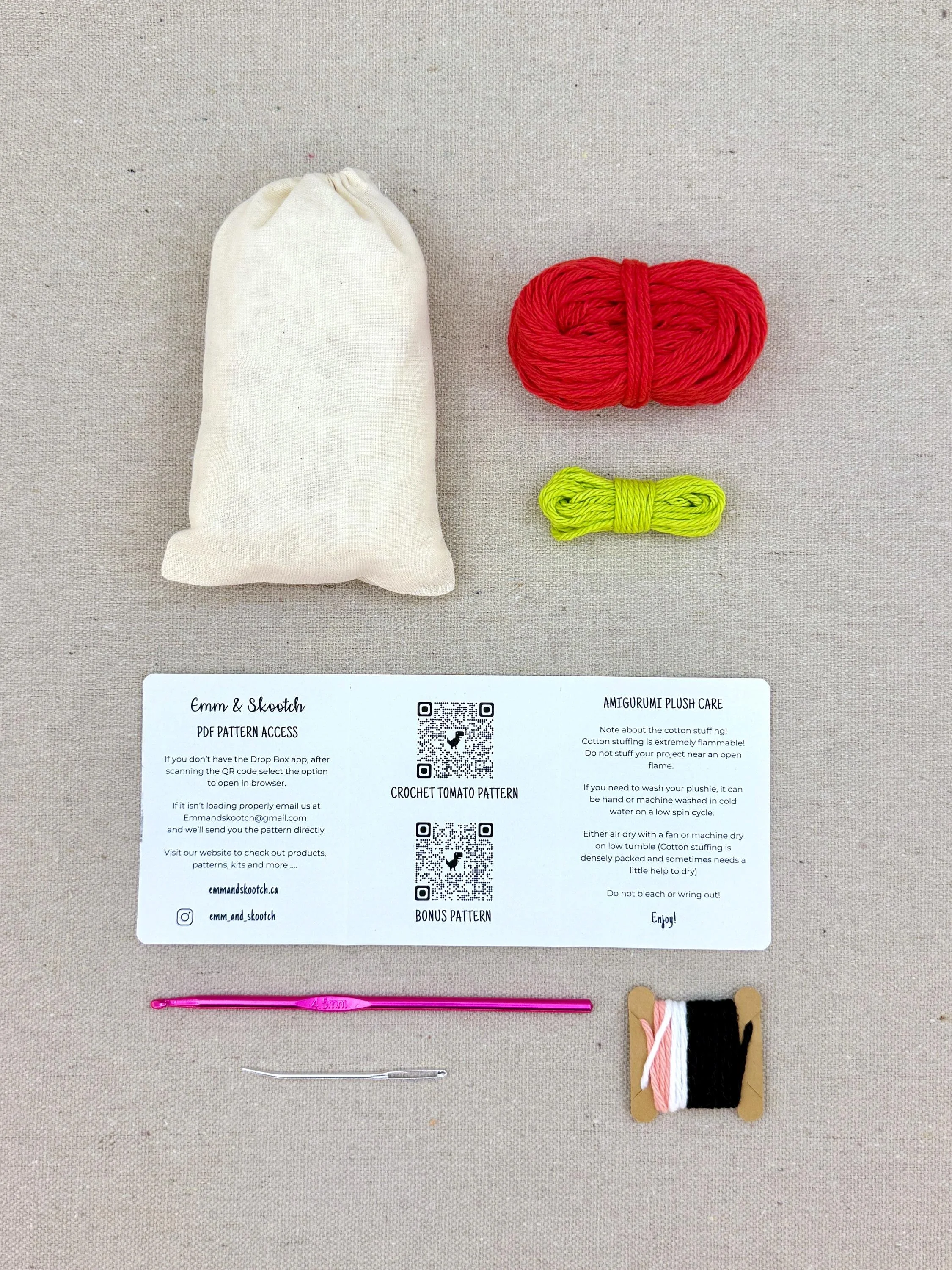 Plastic free tools and materials included in the red tomato eco-friendly crochet kit