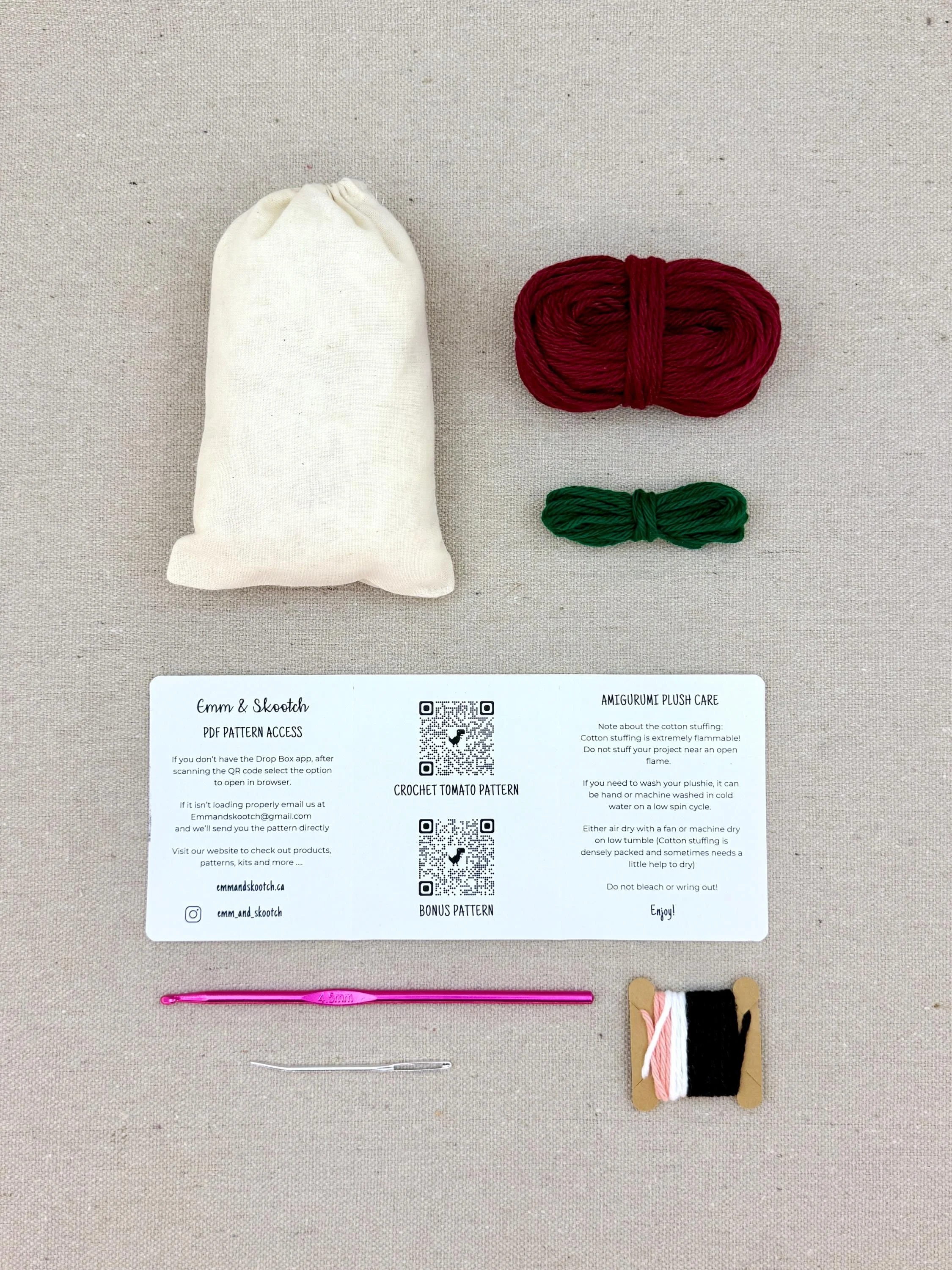 Plastic free tools and materials included in the burgundy tomato eco-friendly crochet kit