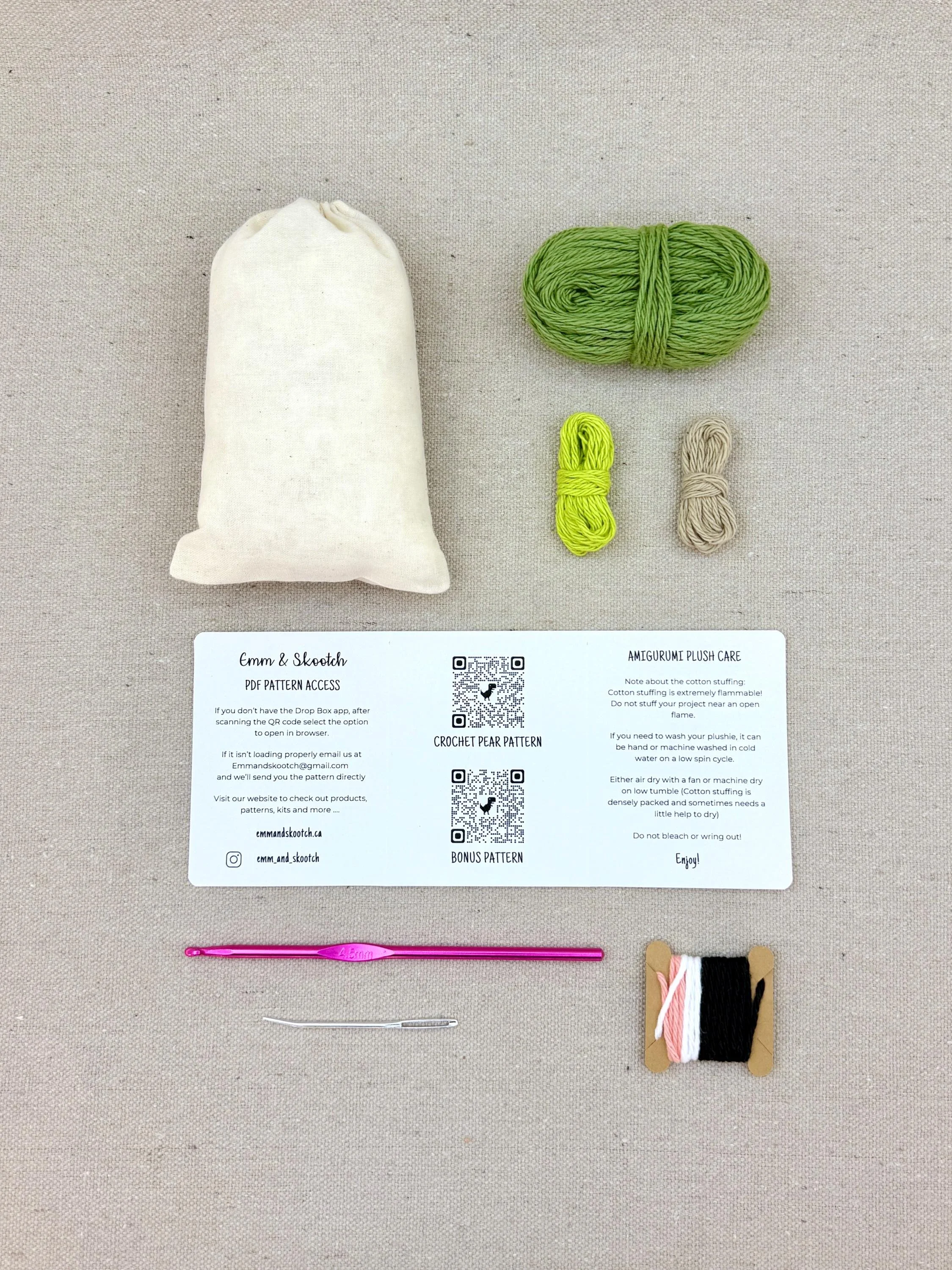 Plastic free tools and materials included in the sage green pear eco-friendly crochet kit
