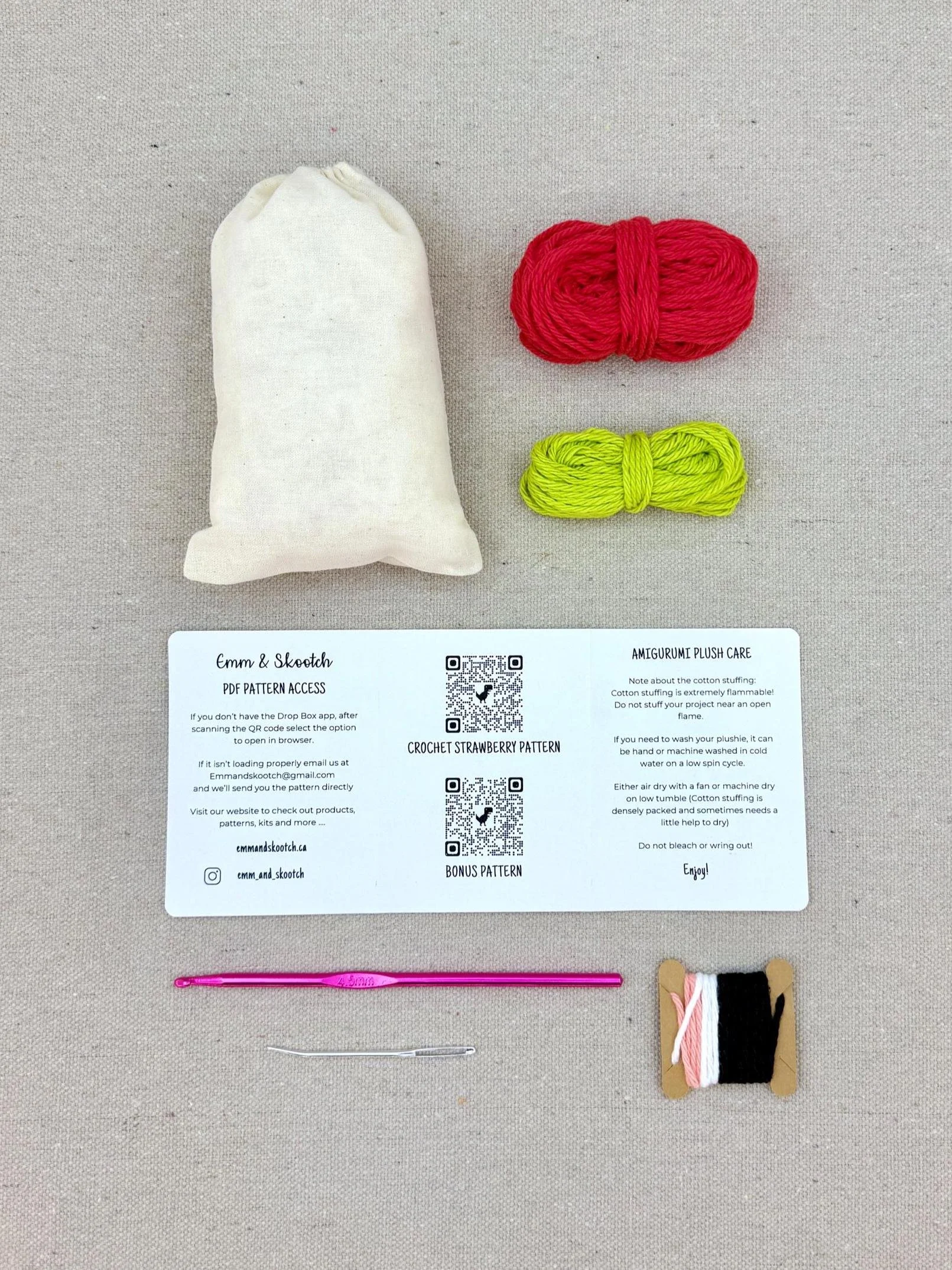 Plastic free tools and materials included in the red strawberry eco-friendly crochet kit