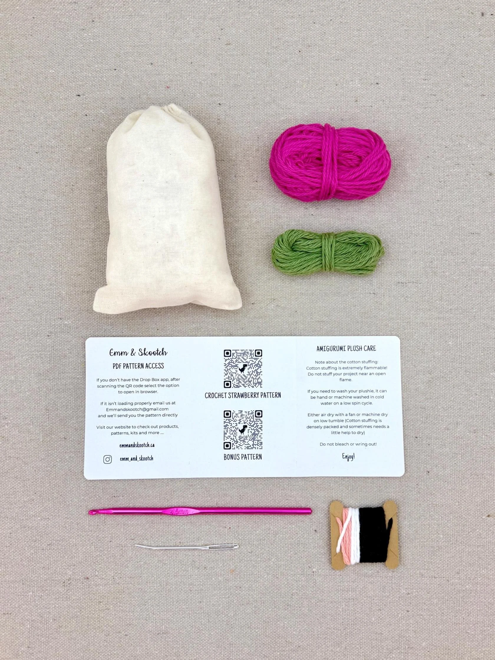 Plastic free tools and materials included in the hot pink strawberry eco-friendly crochet kit