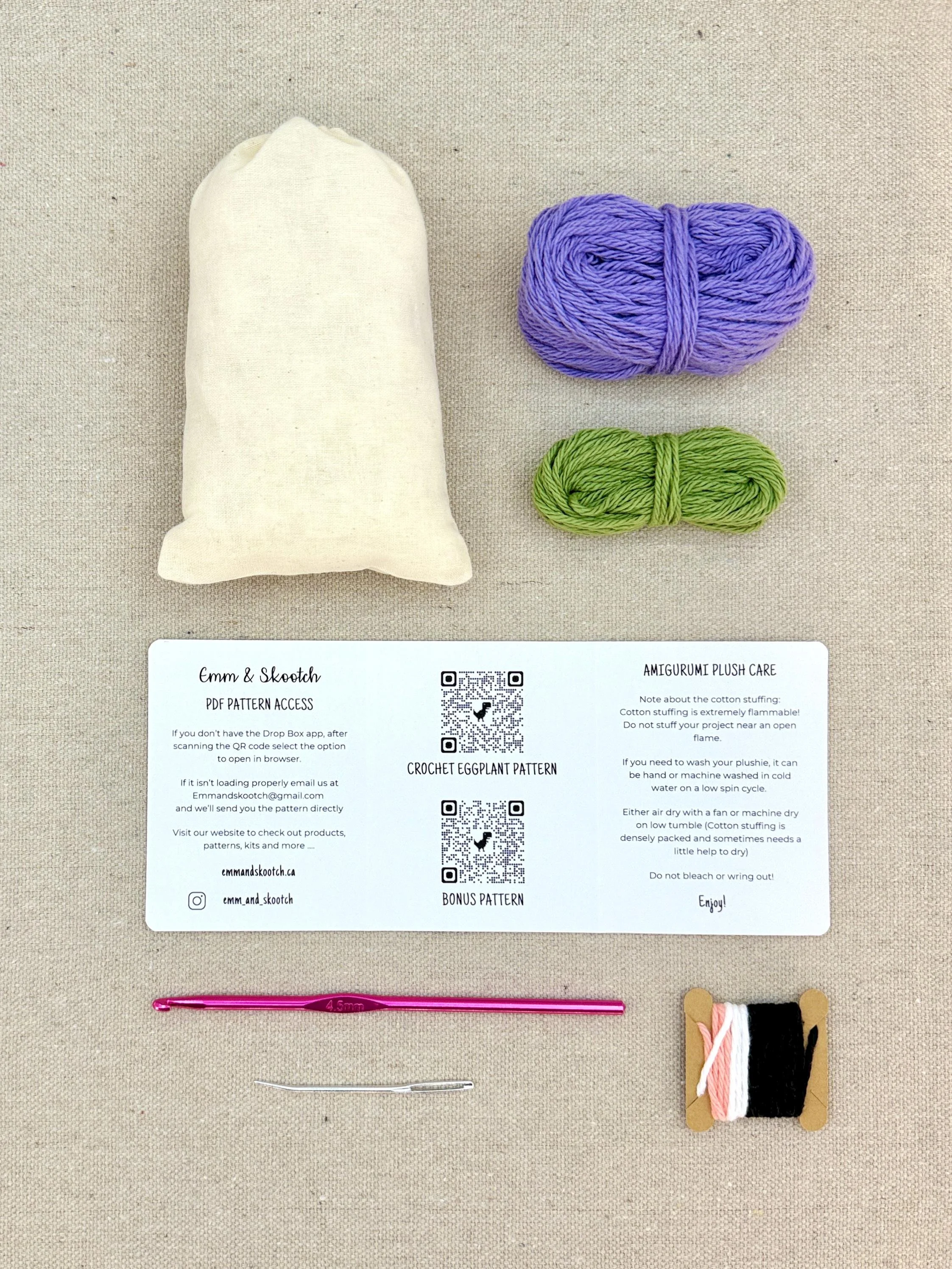 Plastic free tools and materials included in the light purple eggplant eco-friendly crochet kit