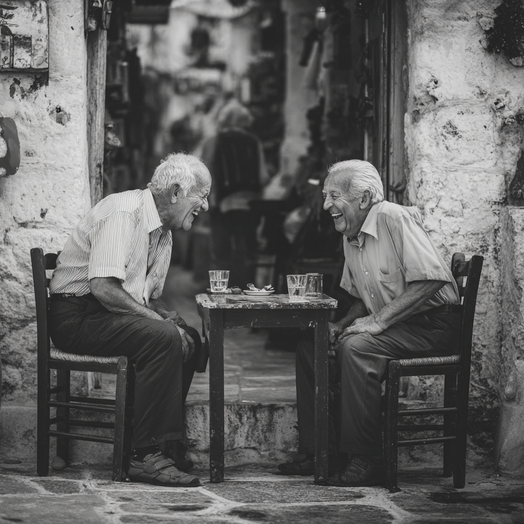 Twee oude mannen lachen samen aan een kleine tafel buiten. Ze zitten op houten stoelen voor een stenen muur.
