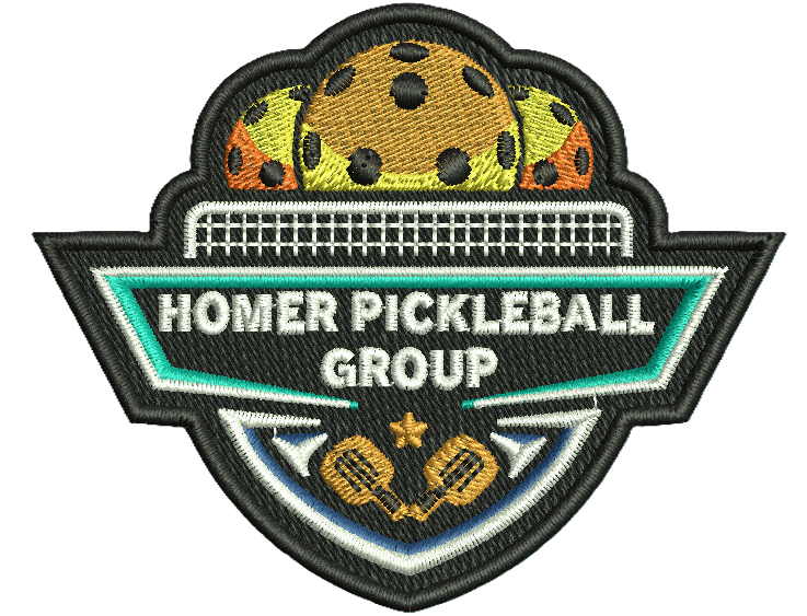 Embroidered patch for Homer Pickleball Group featuring a pickleball, a pickleball net, two paddles, and colorful pickleball balls.