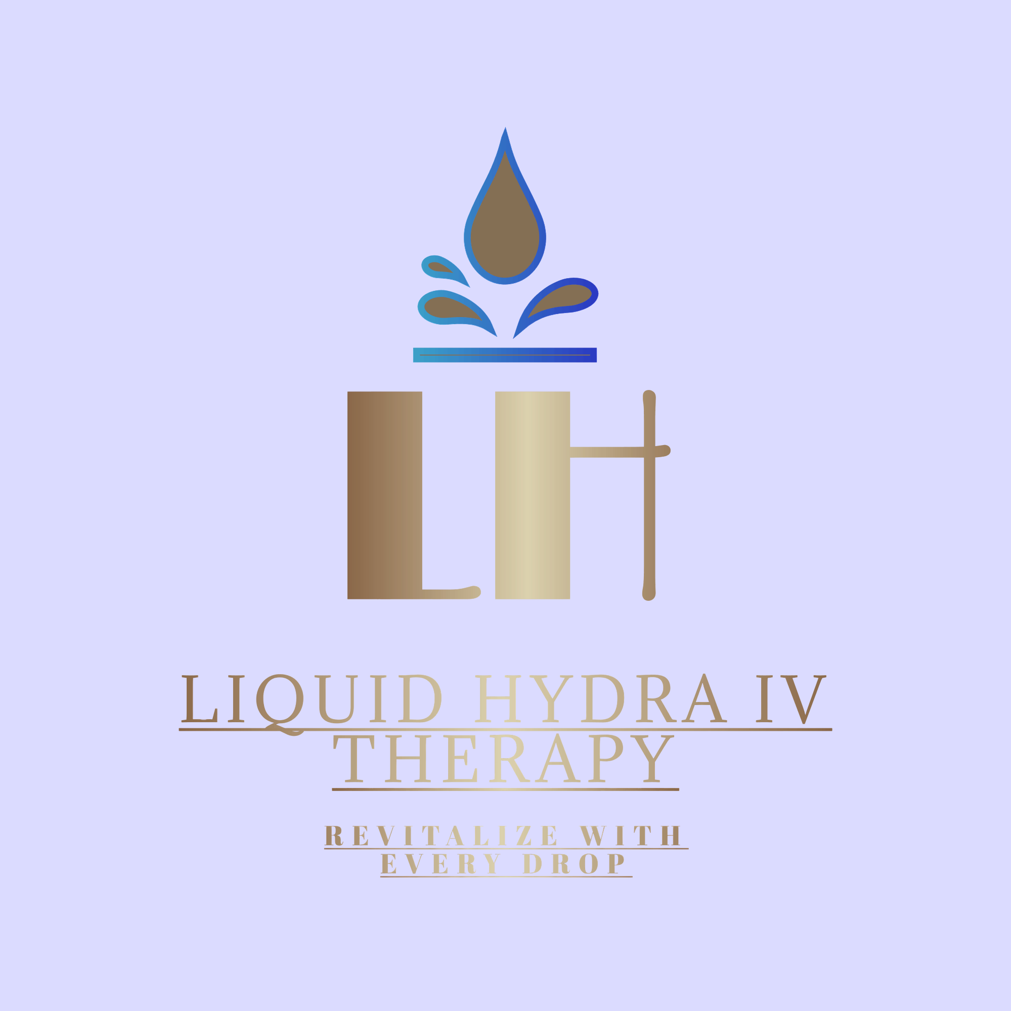 Logo for Liquid Hydra IV Therapy with a water droplet and splash above stylized bottles and the text "Liquid Hydra IV Therapy" and "Revitalize with Every Drop"