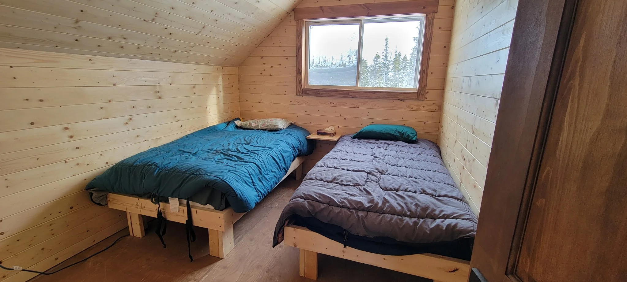 A small wooden bedroom with two single beds, one with a blue comforter and the other with a gray comforter, placed against the walls. There is a window on the far wall showing a view of trees outside. A small bedside table with books is between the b