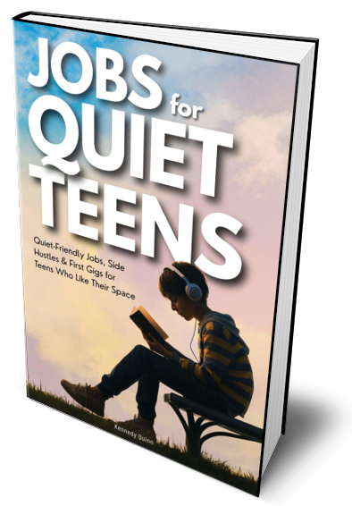 Book cover titled "Jobs for Quiet Teen" featuring a silhouette of a teenage girl reading a book outdoors with headphones on, against a sky background.
