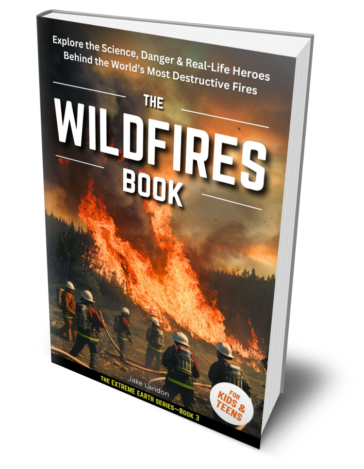 Book titled "The Wildfires Book" with a cover image of firefighters battling a wildfire in a forest during sunset.