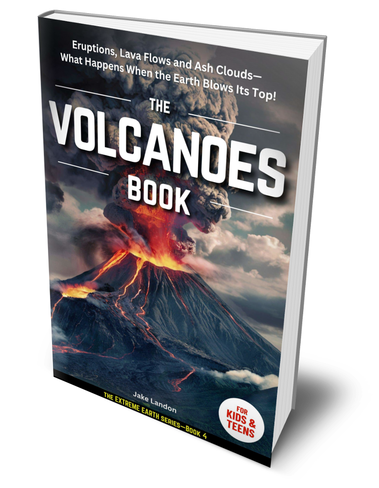 A book cover titled "The Volcanoes Book" with an illustration of a volcanic eruption, showing ash clouds and flowing lava, authored by Jake Landon for kids and teens.