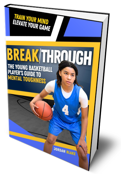 Cover of a basketball guidebook featuring a young girl in a blue jersey holding a basketball, with bold yellow, white, and blue text titles about mental toughness and basketball training.
