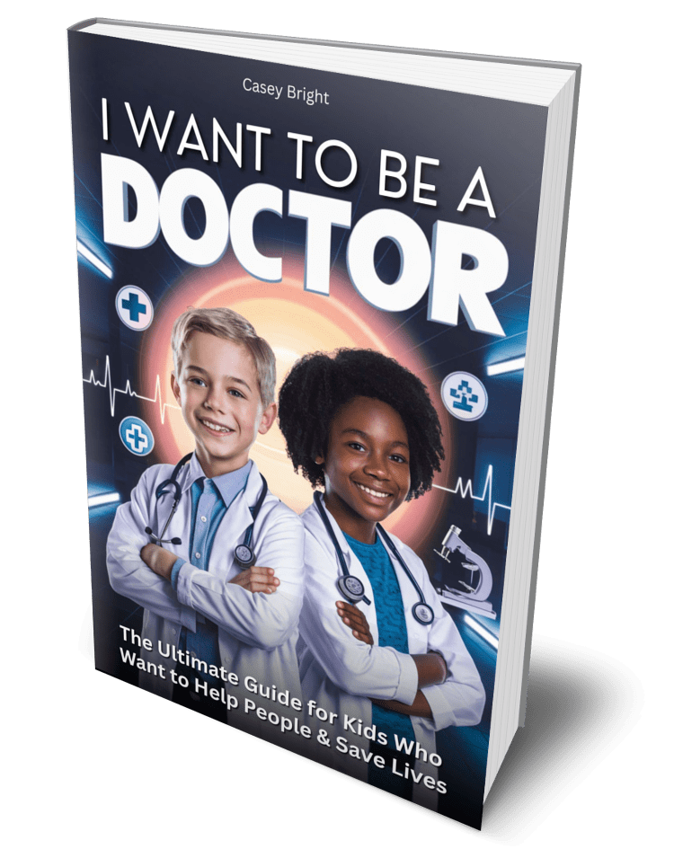 A 3D image of a book titled "I Want to Be a Doctor" by Casey Bright. The cover features a smiling boy and girl dressed as doctors with stethoscopes, against a medical-themed background with icons of hearts, a microscope, and medical symbols.
