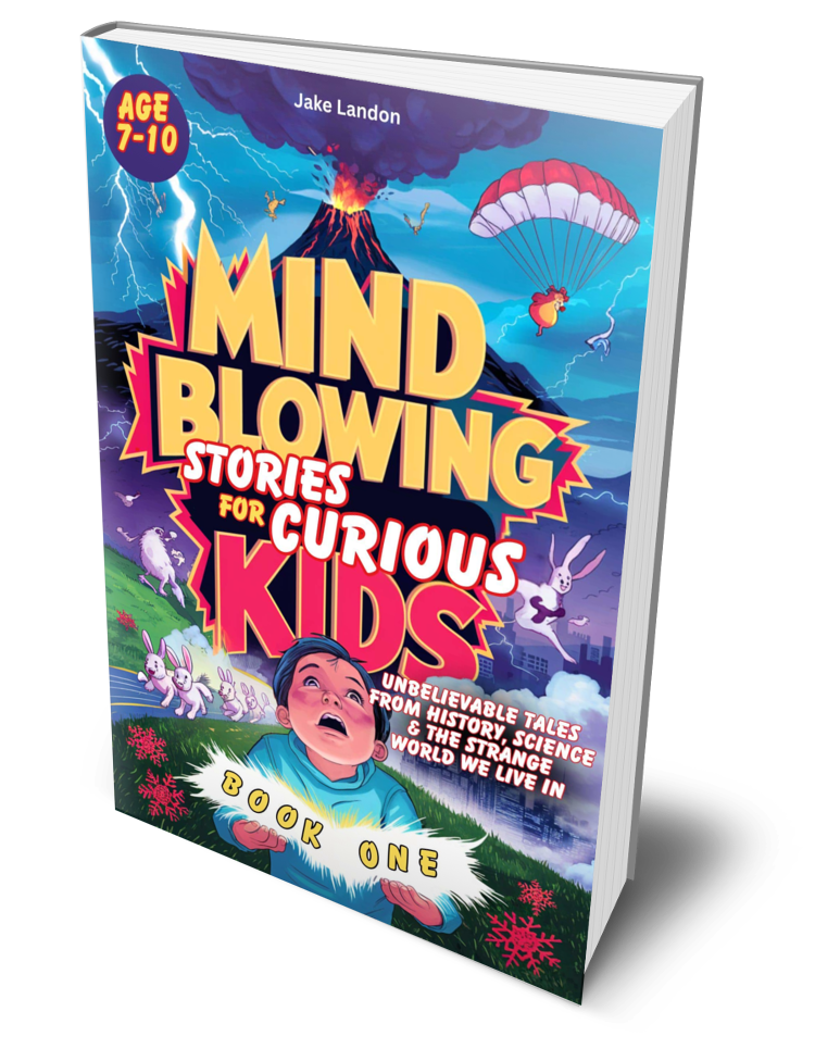 Book cover titled "Mind Blowing Stories for Curious Kids, Book One" by Jake Landon, with a young boy holding a glowing object. The background features a volcano erupting, lightning, flying birds, a hot air balloon, and animated animals like rabbits a