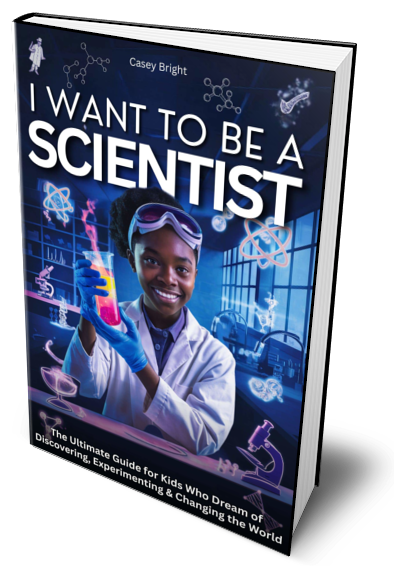 Book cover titled 'I Want to Be a Scientist' by Casey Bright, featuring a young girl in a lab coat and safety goggles holding a test tube with a pink liquid, surrounded by scientific icons like atoms, molecules, and laboratories.