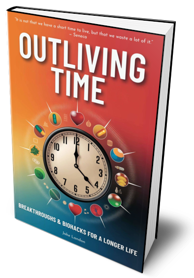 Book titled "Outliving Time" with a clock on the cover showing 5:00, and various small icons around the clock representing health, nature, and time.