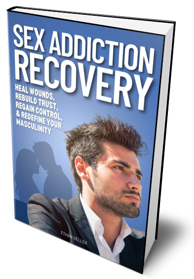 Book titled "Sex Addiction Recovery" by Ethan Geller with an image of a thoughtful man on the cover.