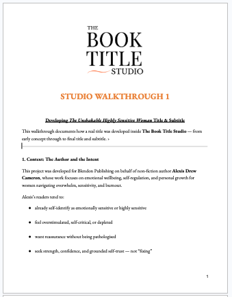A study guide titled 'The Book Title Studio' with a subtitle 'Studio Walkthrough 1' and a section about developing an unstoppable highly sensitive person tone and subtext.
