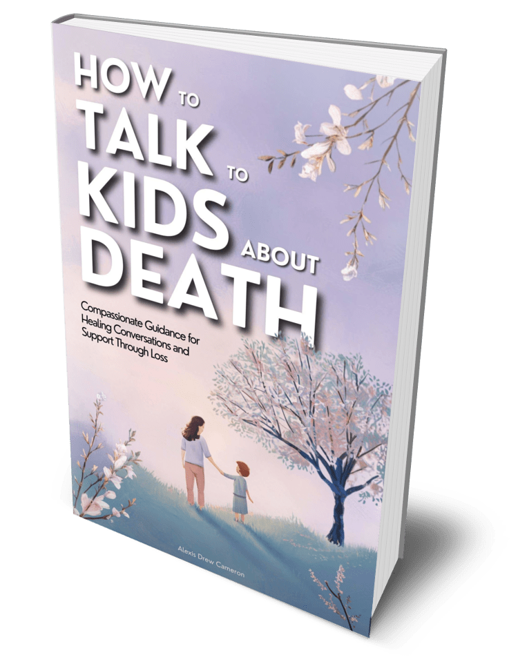 A book cover titled "How to Talk to Kids about Death" showing an illustration of an adult and a child holding hands under a flowering tree, with pastel colors and soft floral accents.