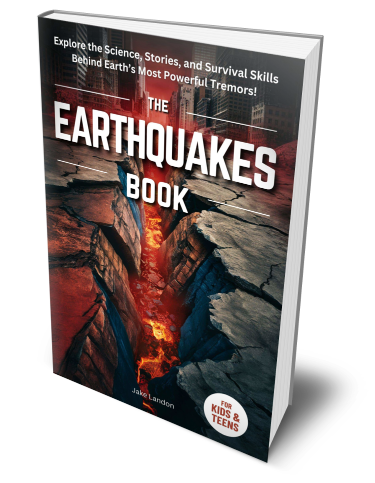 A book titled "The Earthquakes Book" by Jake Landon, with a cover image of large cracks in city pavement revealing flowing molten lava beneath, promoting learning about earthquakes for kids and teens.