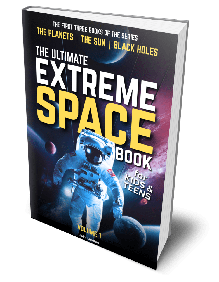 Book titled "The Ultimate Extreme Space Book for Kids & Teens" showing an astronaut in space with planets, stars, and a galaxy in the background.