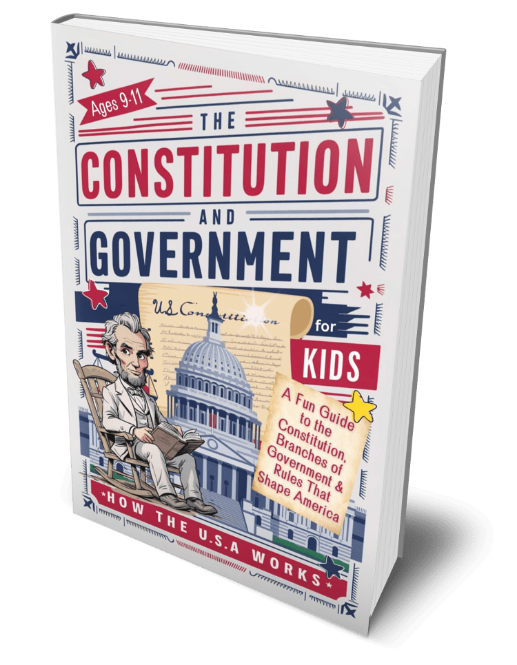 Colorful children's book titled 'The Constitution and Government for Kids', showing a cartoon illustration of a man sitting on a rocking chair next to the U.S. Capitol building, with decorative stars and stripes, emphasizing it is for ages 9-11 and e