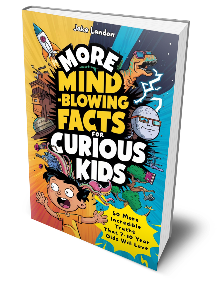 Colorful children's book cover titled "More Mind-Blowing Facts for Curious Kids" by Jake Landon, featuring cartoon illustrations of a rocket, dinosaur, moon with glasses, scientist tree, and excited child in orange shirt.