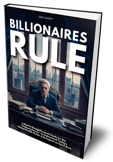 Book titled Billionaires Rule by Jake Landon with a cover image of a man sitting at a desk in front of large windows overlooking a city skyline.