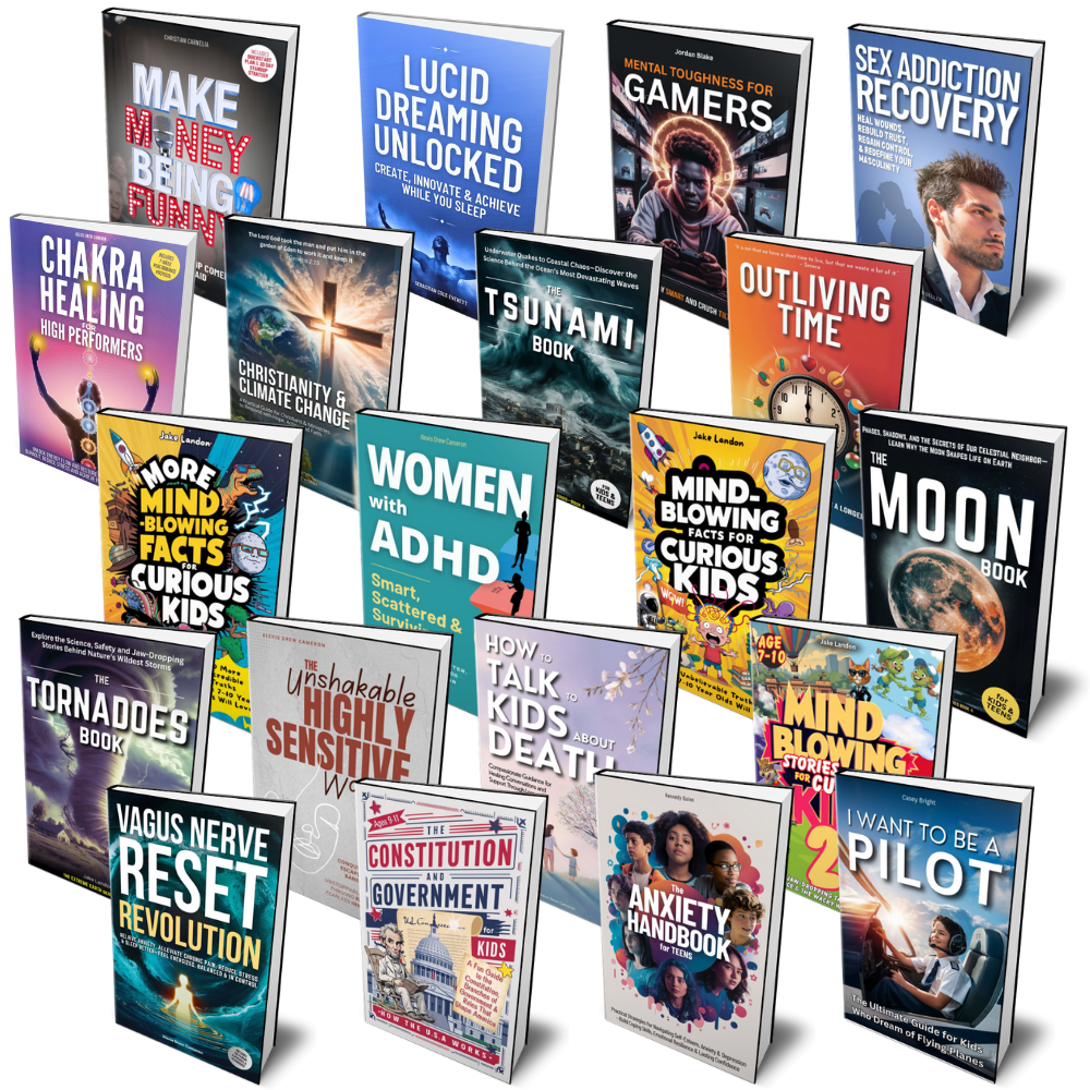 Collection of various children's and self-help books on topics like mental health, science, history, and personal development, arranged in a semi-circle.