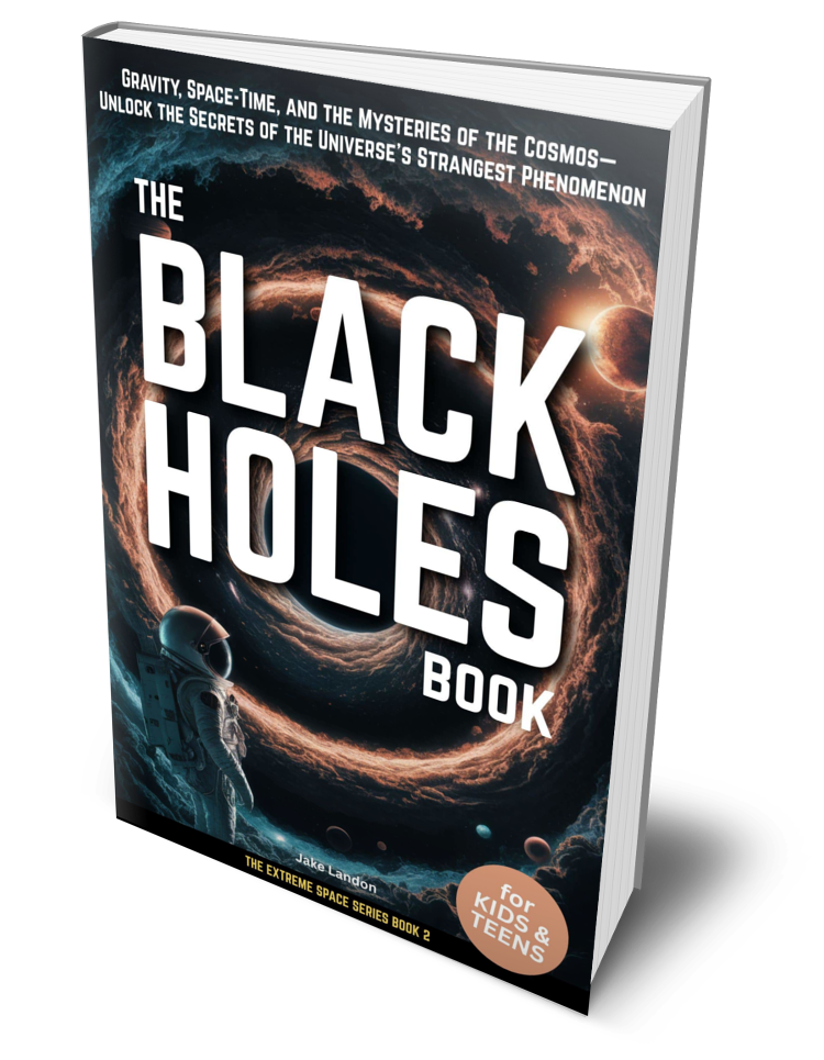 Book cover titled 'The Black Holes Book' with a space-themed background showing a swirling black hole, planets, and an astronaut. Subtitle mentions gravity, space-time, and mysteries of the cosmos. Designed for kids and teens.