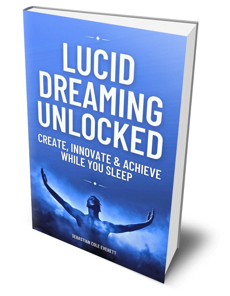 Book titled 'Lucid Dreaming Unlocked' by Sebastian Cole Everett with a blue cover and an image of a person with outstretched arms among clouds.