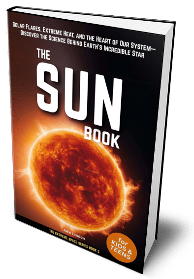 A book titled 'The Sun Book' with an image of the sun on the cover, mentioning solar flares and heat.