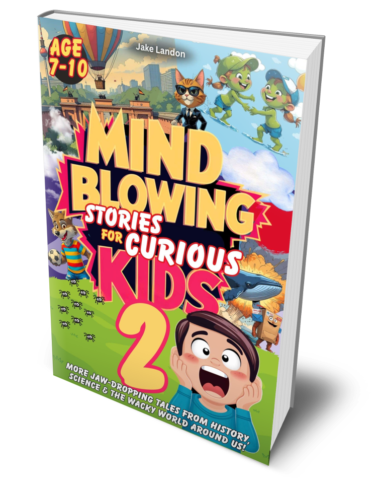 Colorful children's book titled 'Mind Blowing Stories for Curious Kids 2' with cartoon children, animals, and whimsical scenes, aimed at ages 7-10.