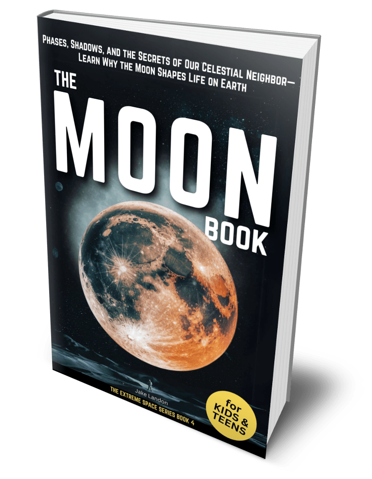 A book titled "The Moon Book" with a cover image of the moon and space background, aimed at kids and teens.