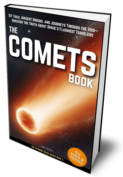 Book titled 'The Comets Book' featuring an illustration of a comet with a glowing tail and fiery core on the cover, with additional text indicating it's part of an extreme space series for kids and teens.