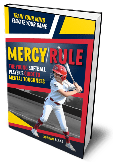 Book cover for 'Mercy Rule' by Jordan Blake, featuring a young girl in a softball uniform holding a bat, with bold yellow and red text and a dark background.