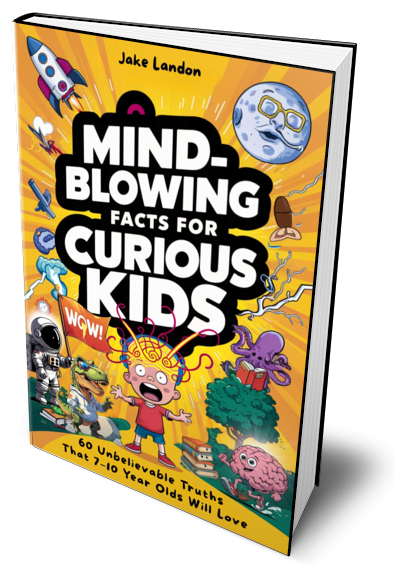 Book cover titled "Mind-Blowing Facts for Curious Kids" by Jake Landon, featuring cartoon illustrations of a rocket, moon, planets, a girl with wild hair, and various whimsical creatures.