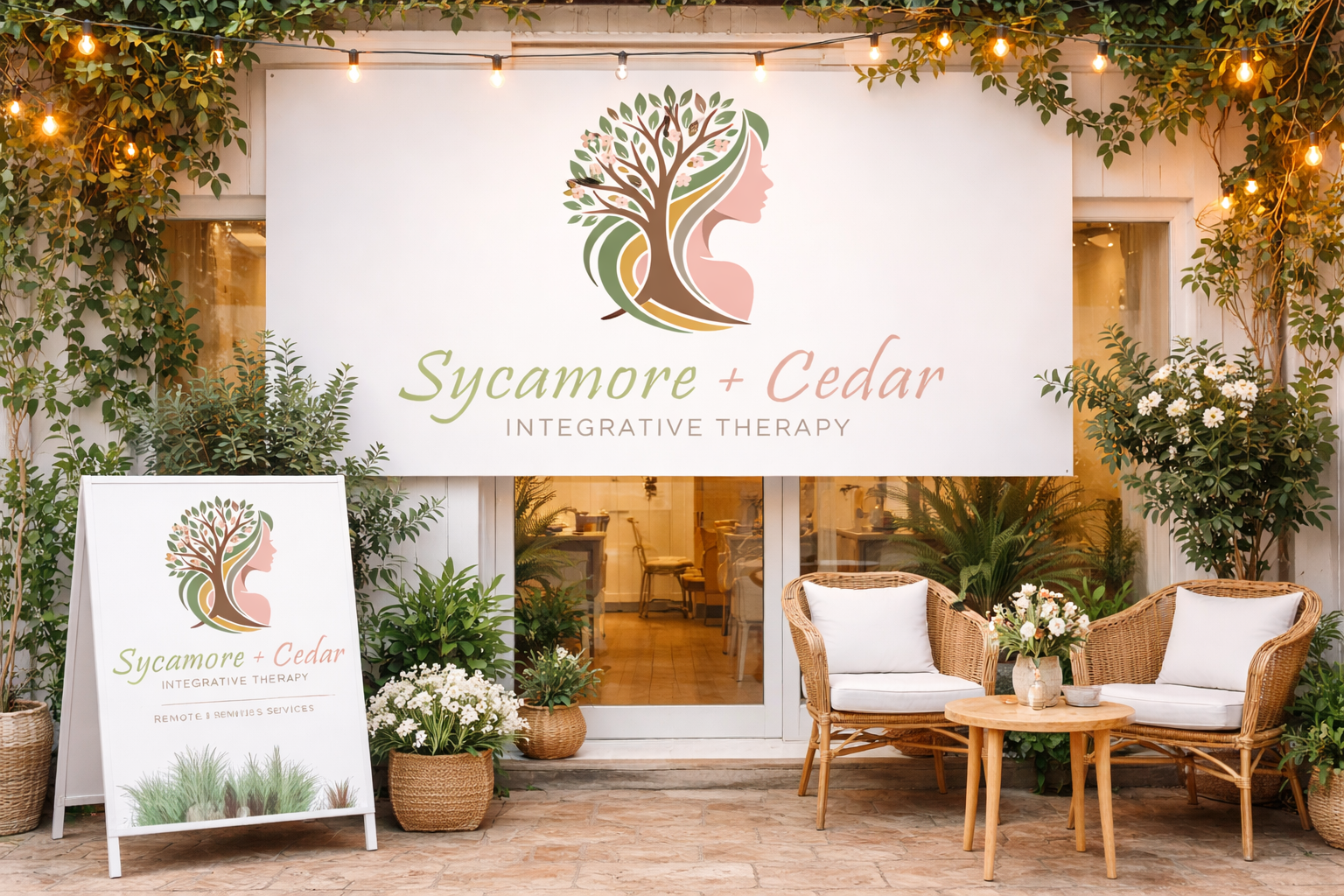 NY Holistic Therapy wellness practice with storefront sign labeled Sycamore and Cedar Integrative Therapy