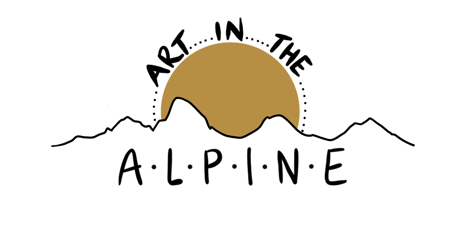 Silhouette of a mountain range with a large, golden sun rising behind it, against a white background.