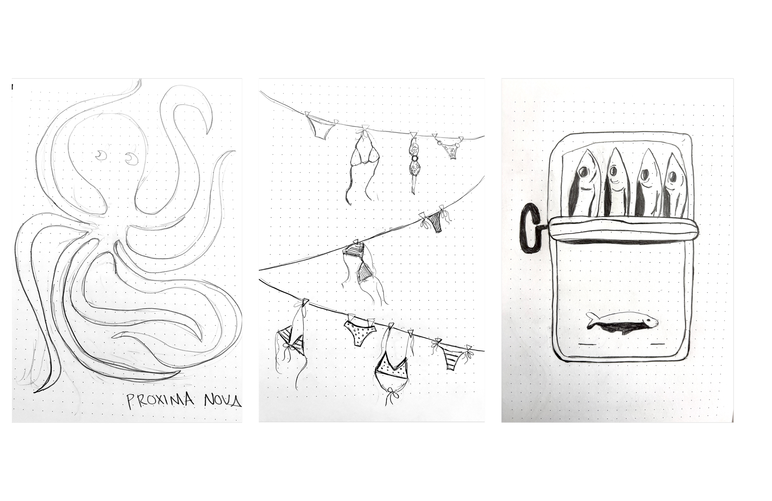 sketches of three designs one is an octopus, next swimsuits on wires, and sardines.