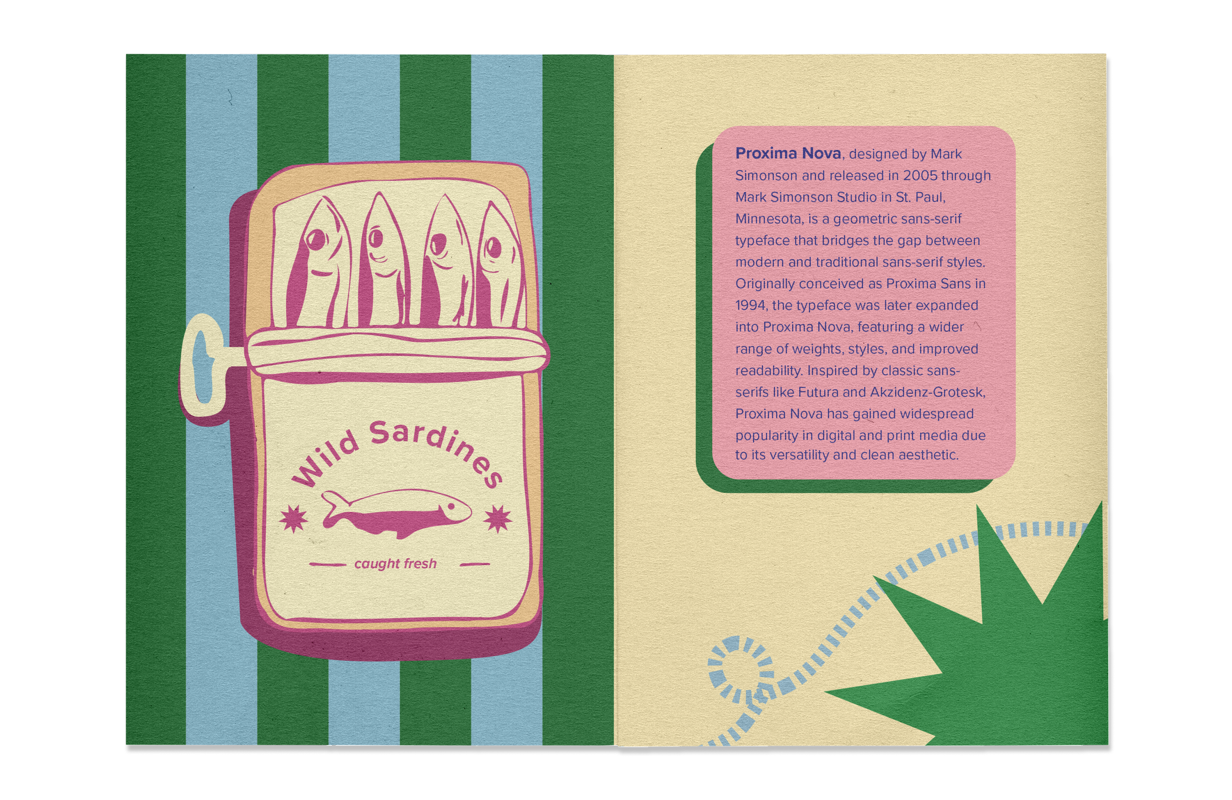 first set of internal pages. Sardine illustration and type history graphics