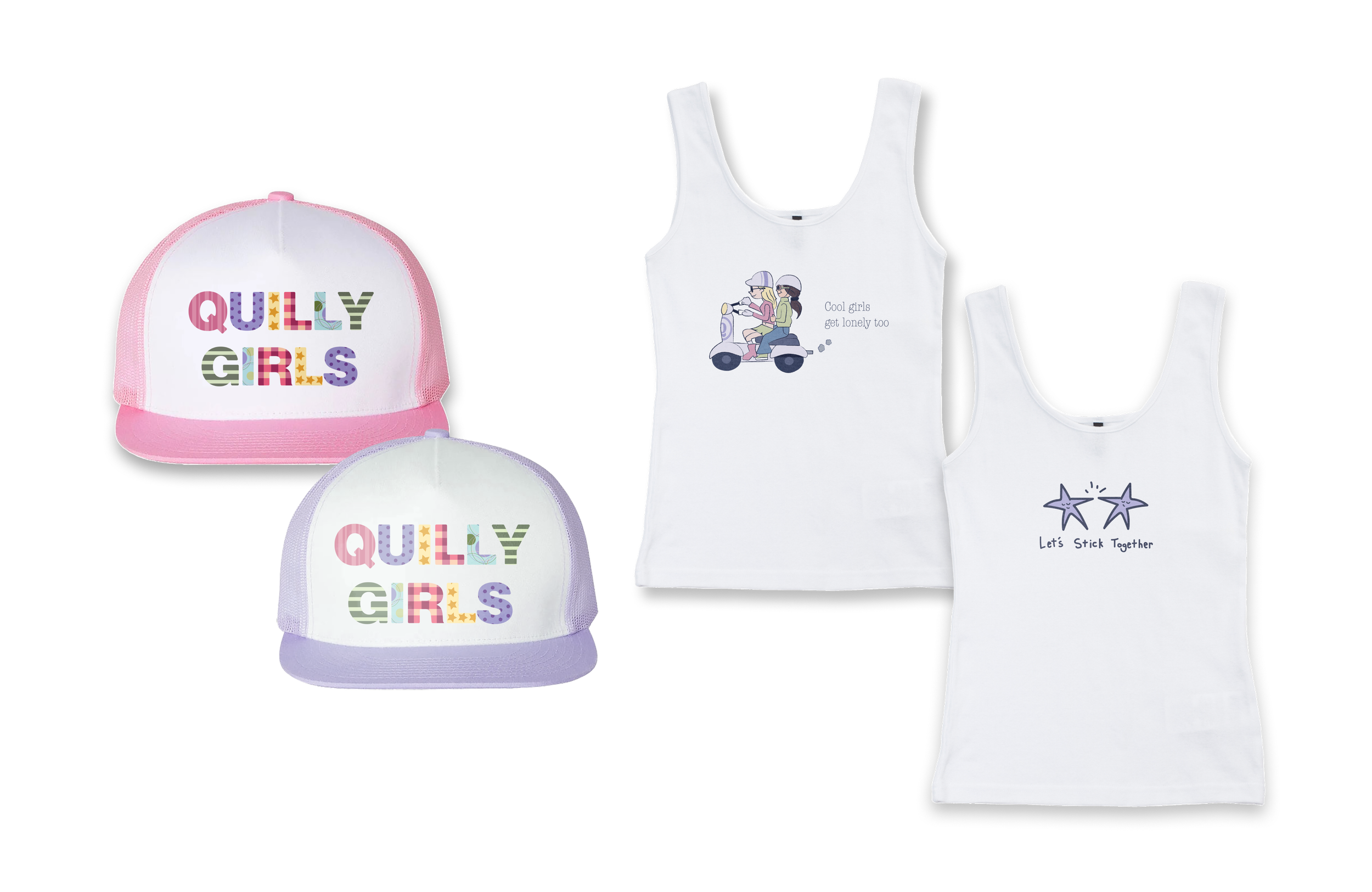 Designs for a purple and pink trucker hat saying quilly girls and two tank top designs