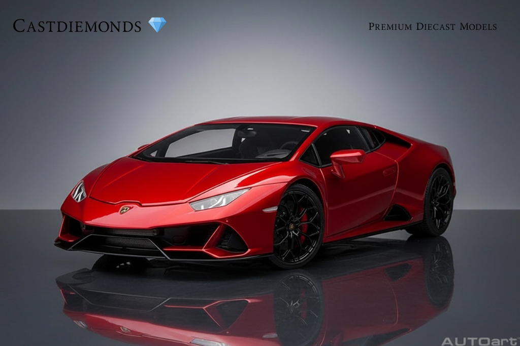 A red Lamborghini sports car with black wheels on a reflective surface, against a plain gray background.