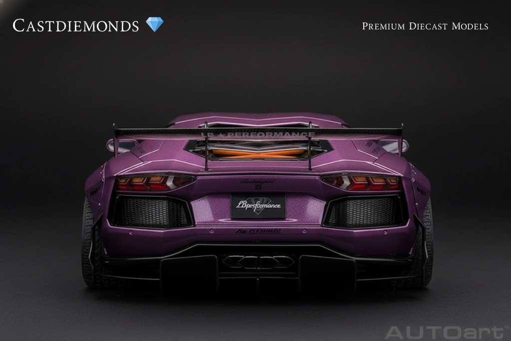 Back view of a purple Lamborghini sports car with a rear wing, showcasing its taillights and black rear diffuser, against a black background.