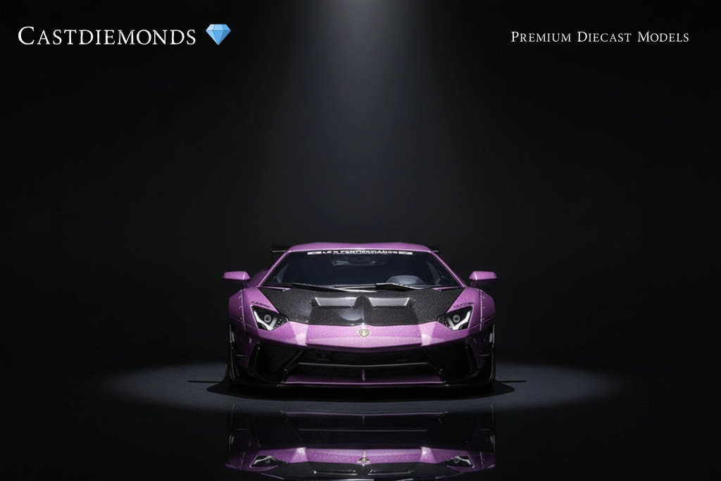 A purple sports car with black accents displayed on a dark background, reflecting on the floor. The image has the text 'CASTDIAMONDS' with a diamond icon at the top left, and 'PREMIUM DIECAST MODELS' at the top right.