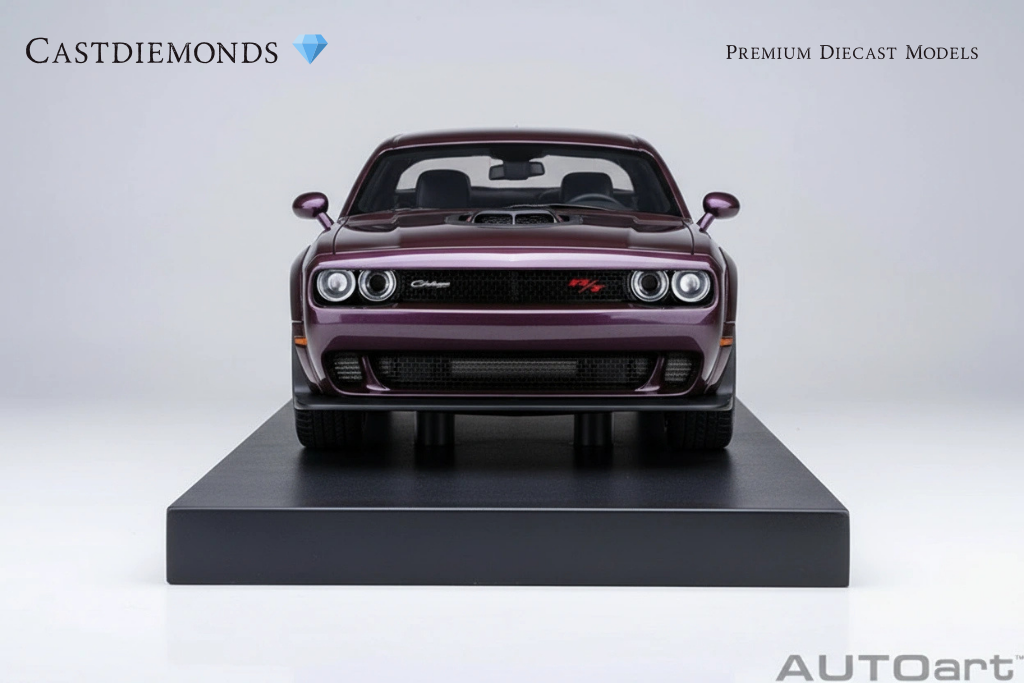 A diecast model of a purple Dodge Challenger HEMI Super Stock car on display, with the CastiDiamonds logo and AUTOart branding.