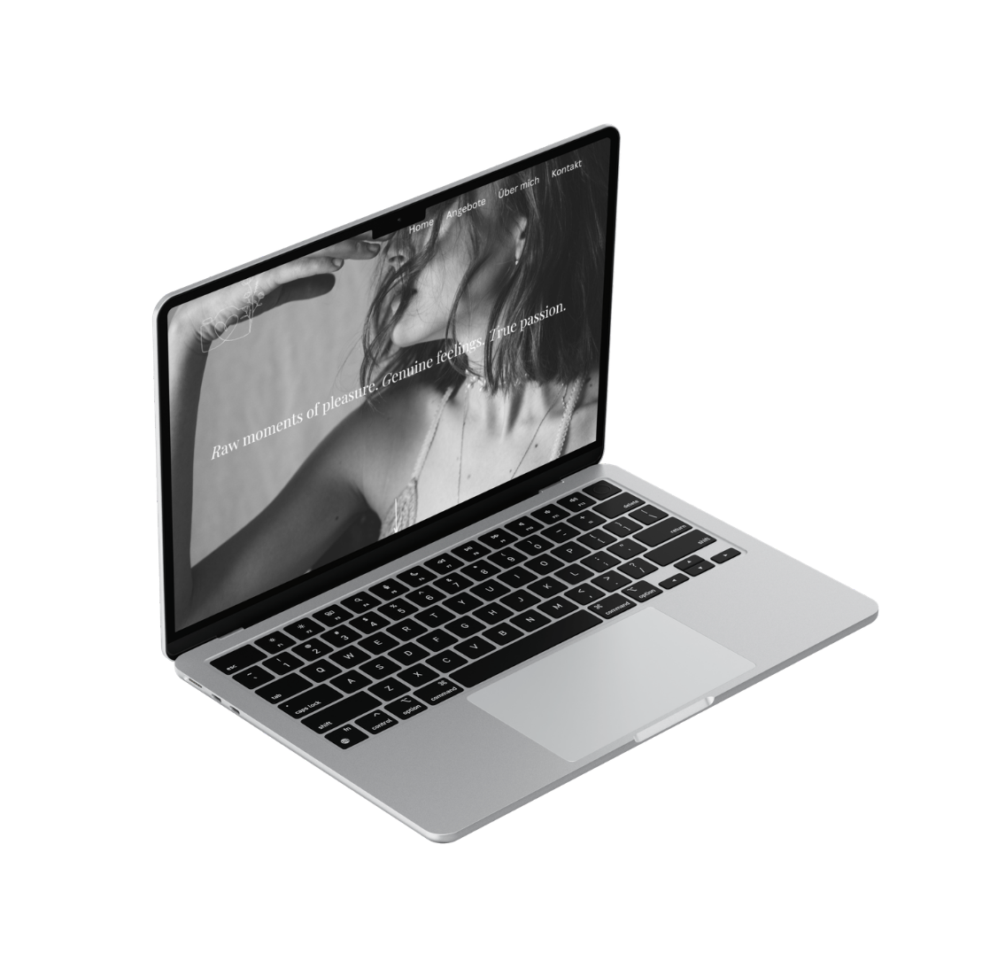 Ein Mockup einer Website mit der Aufschrift "Raw moments of pleasure. Genuine feelings. True passion.“