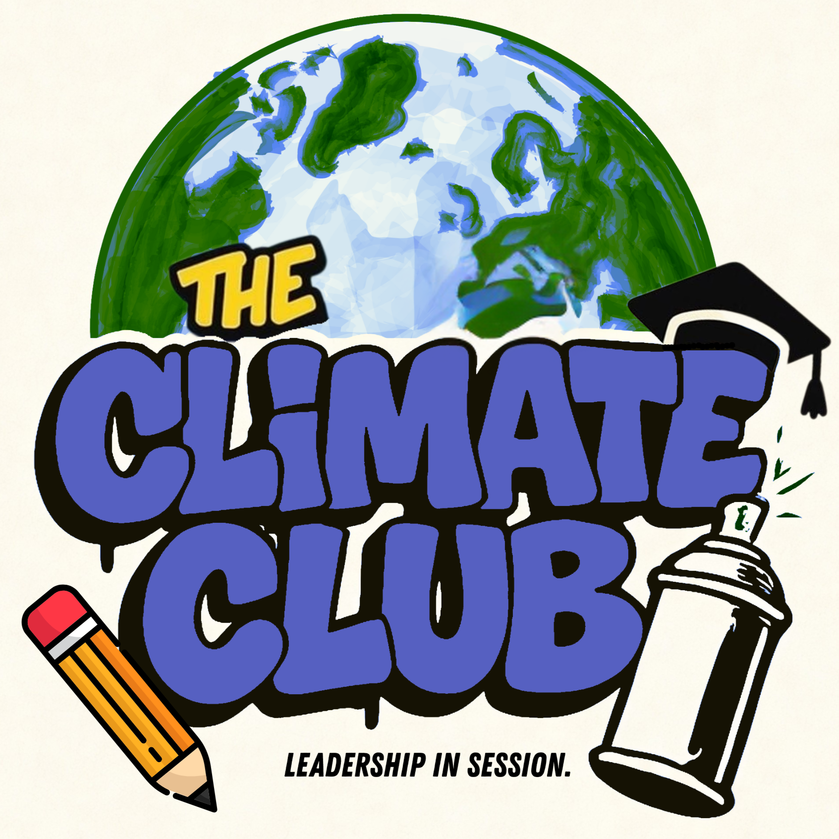 Illustration of Earth with the words 'The Climate Club' overlayed in bold purple text, accompanied by a pencil, spray paint can, and graduation cap, with the slogan 'Leadership in Session' at the bottom.