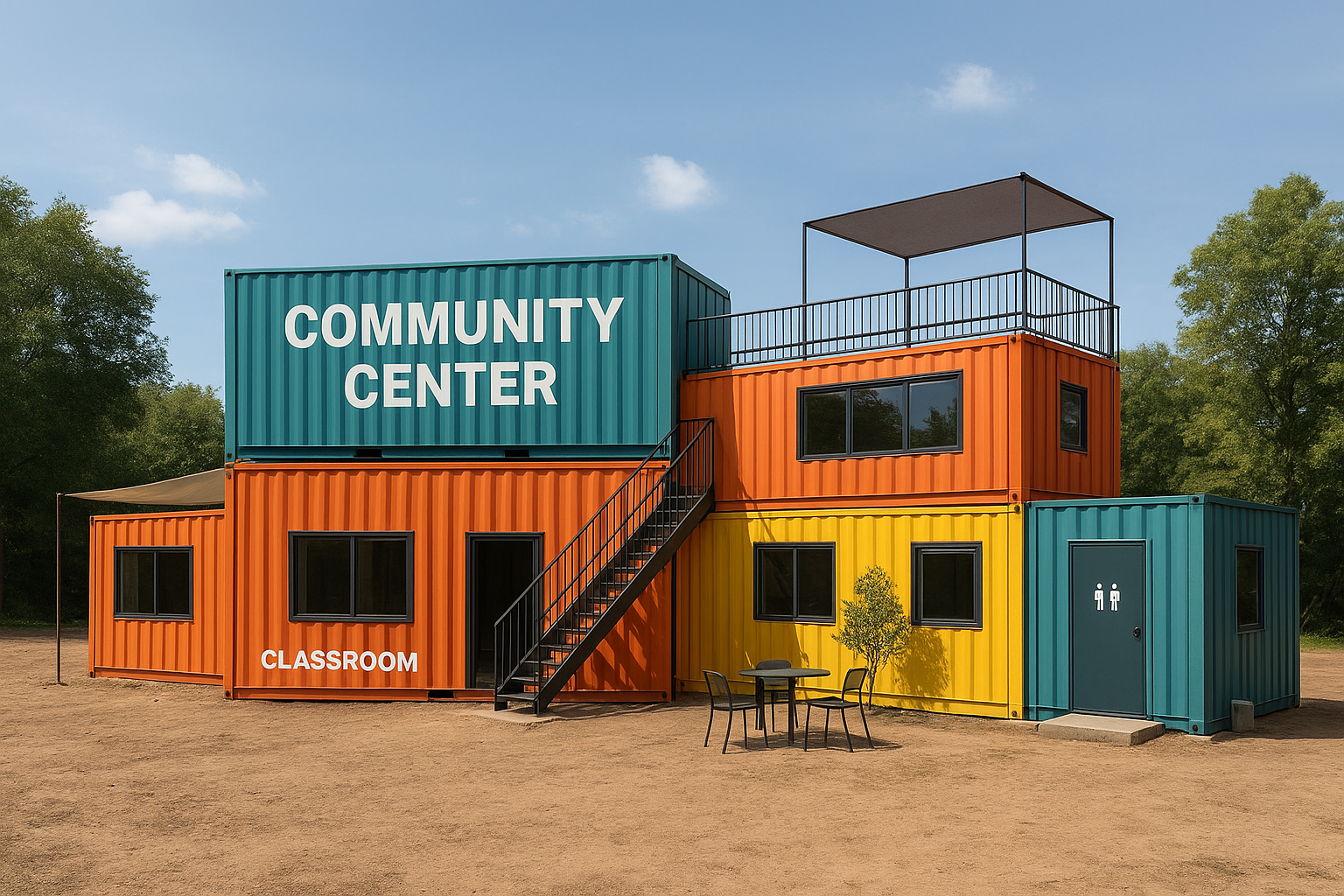 Colorfully painted shipping container building labeled "Community Center" and "Classroom" with outdoor seating and stairs, set in a park with trees and a blue sky.