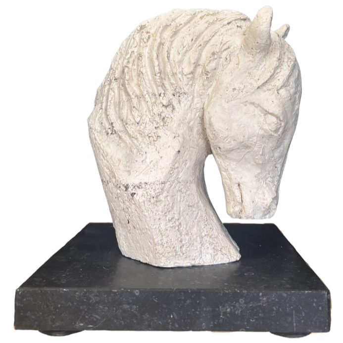 Sculptuur van een menselijke voet en onderbeen, gemaakt van wit materiaal, geplaatst op een zwarte sokkel.